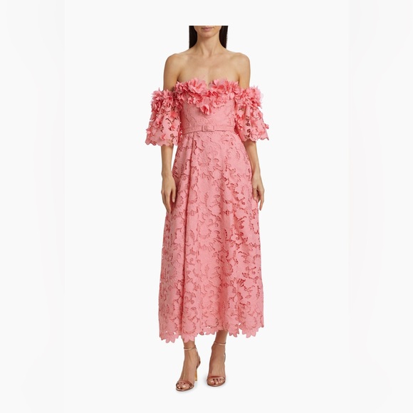 Badgley Mischka Guipure Lace Off-The-Shoulder Midi-Dress Size 6 WORN 1x  perfect!